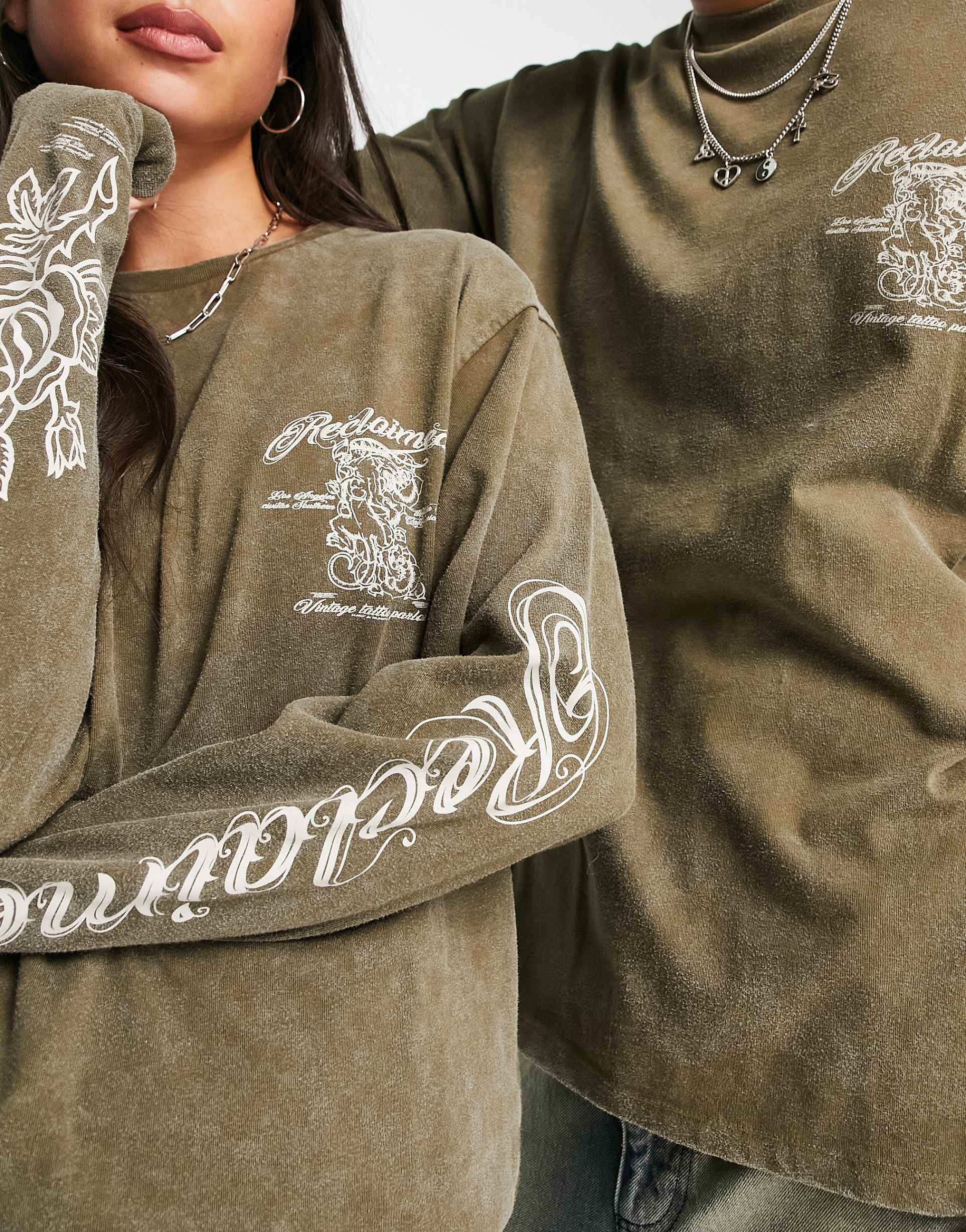 Reclaimed Vintage unisex tattoo skate print long sleeve t-shirt in khaki view 3