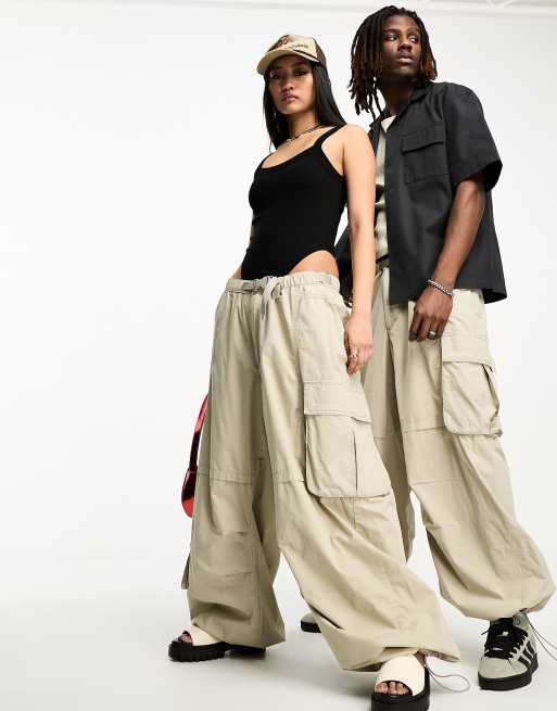 Reclaimed Vintage unisex tech parachute cargo pants in stone