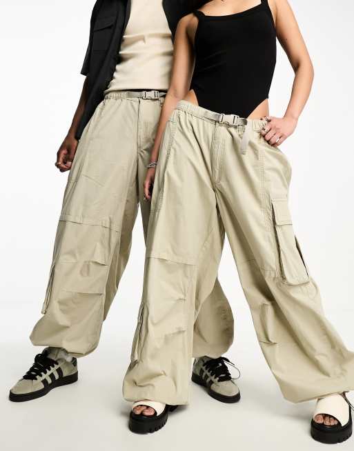 Reclaimed Vintage unisex tech parachute cargo pants in stone