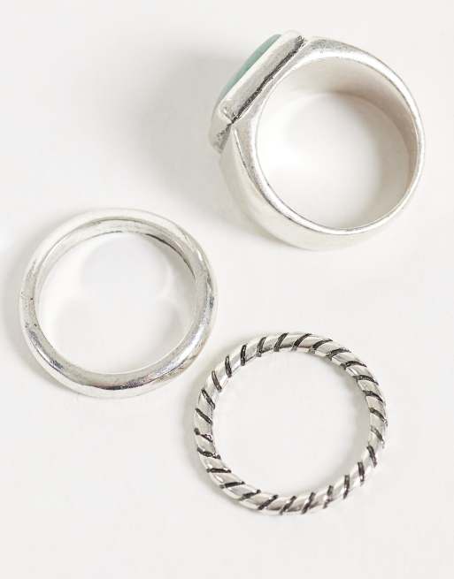 Reclaimed Vintage unisex three pack of silver-tone rings with green stone, 2 of 3