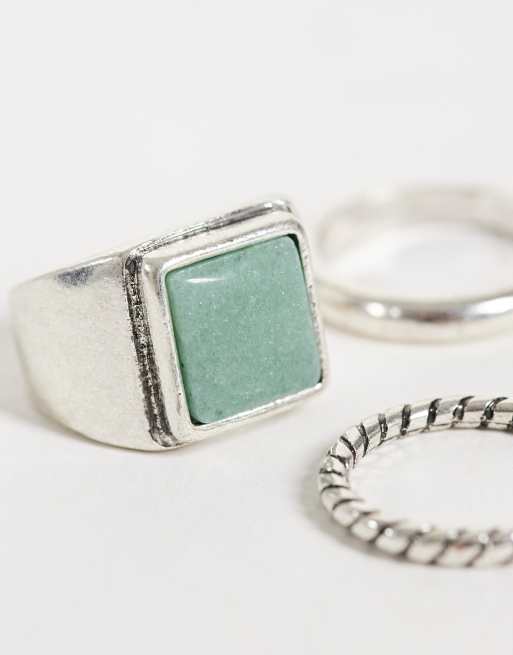 Reclaimed Vintage unisex three pack of silver-tone rings with green stone, 3 of 3
