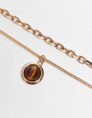 Reclaimed Vintage Unisex Tiger Eye 2 Row Necklace In Gold