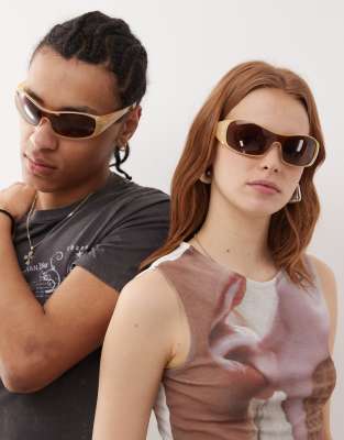 Reclaimed Vintage Unisex Tonal Wrap Sunglasses With Branding-brown