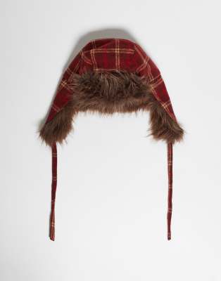 Reclaimed Vintage Reclaimed Vintage unisex trapper hat in red check with brown faux fur-Multi