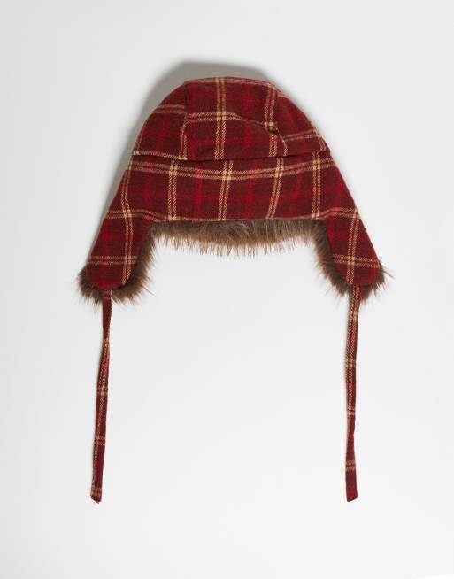 Reclaimed Vintage unisex trapper hat in red check with brown faux fur, 3 of 3