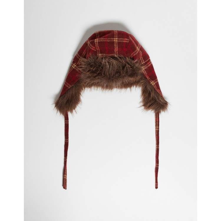 Reclaimed Vintage Unisex trapper hat in red plaid with brown faux