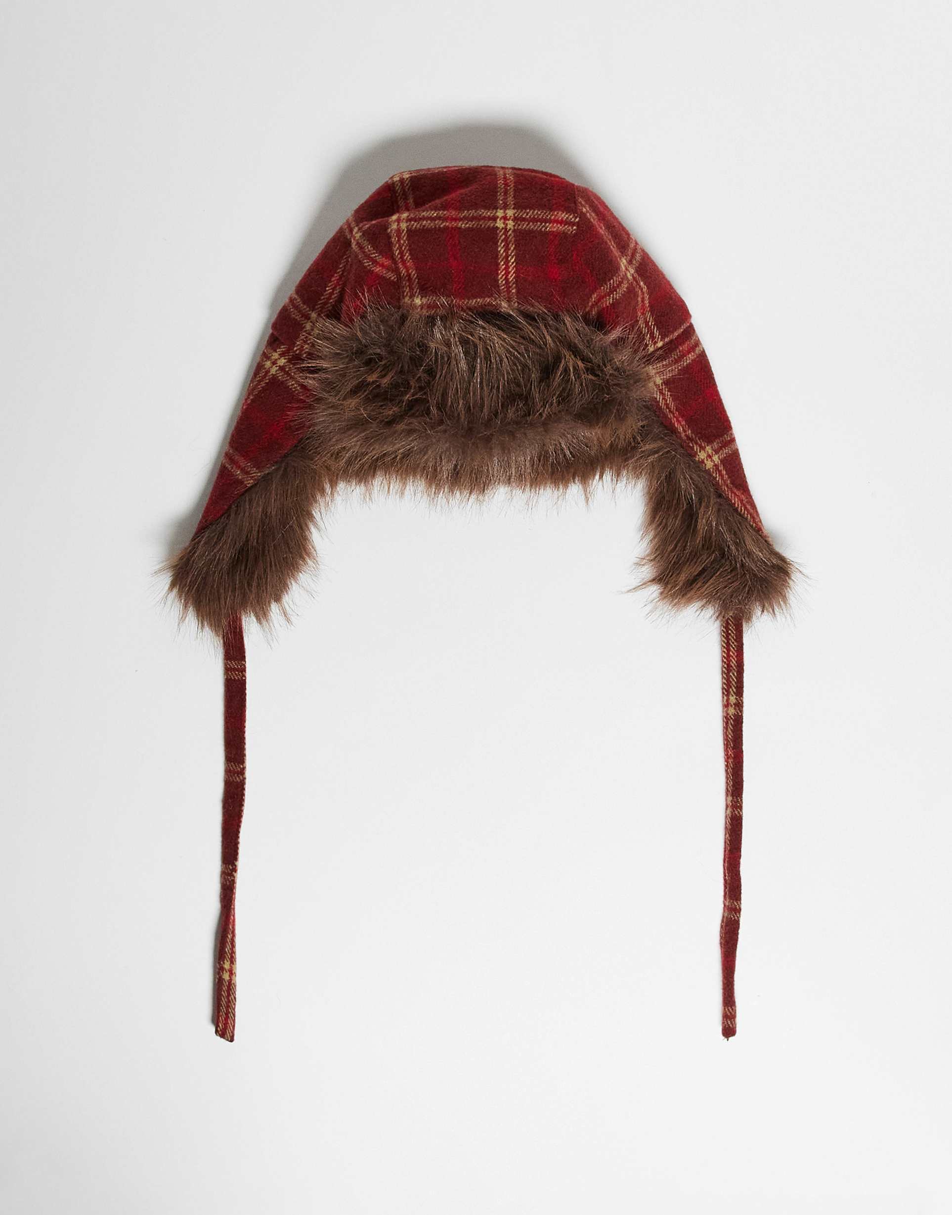 reclaimed vintage unisex trapper hat in red plaid with brown faux fur