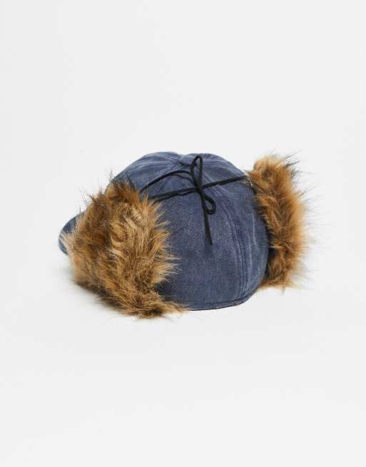 Reclaimed Vintage unisex trapper hat with brown faux fur in mid blue denim