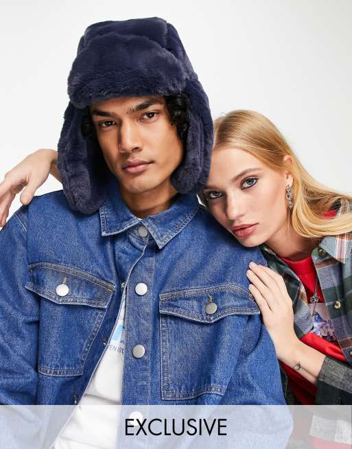 Reclaimed Vintage – Unisex – Trappermütze in Tintenblau aus Kunstpelz 