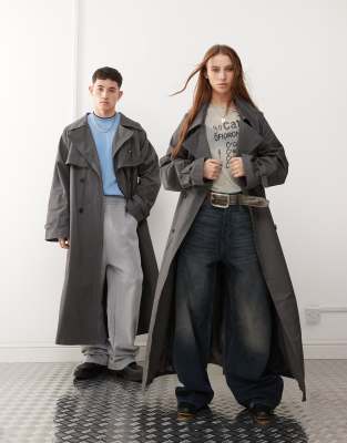 unisex trench with belt in charcoal-Multi