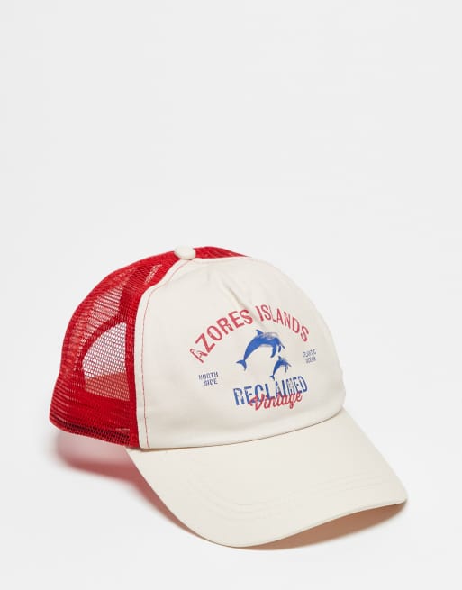 Reclaimed Vintage unisex trucker cap with dolphin print in red and cream