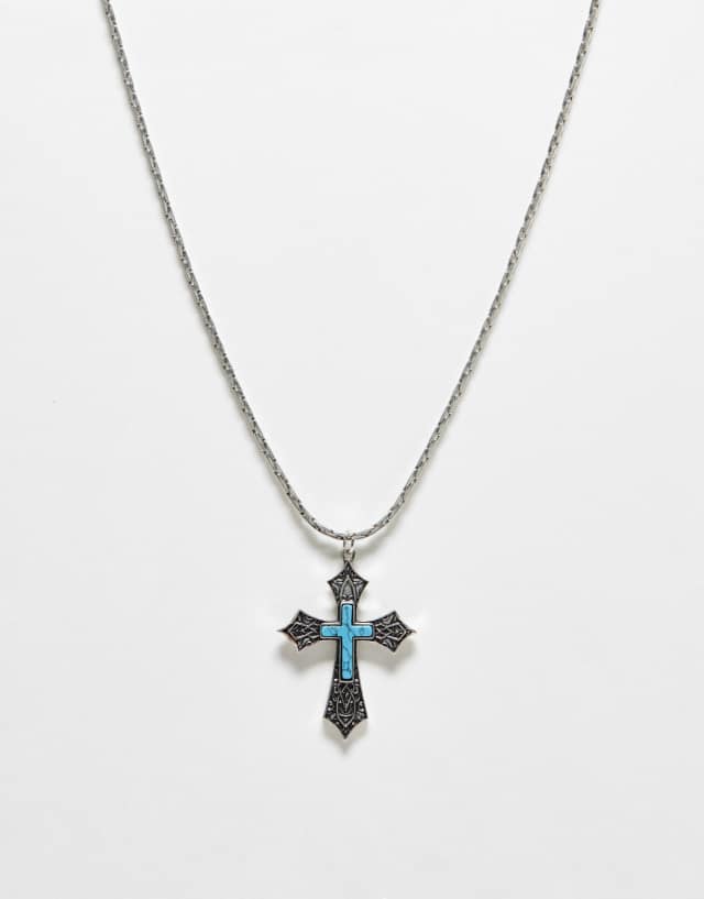 Reclaimed Vintage unisex ultimate cross necklace in silver and blue