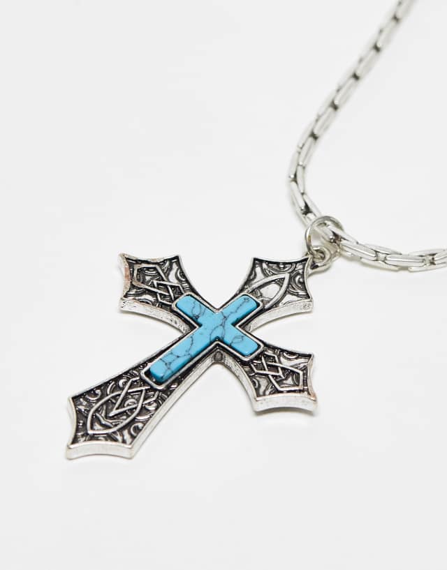 Reclaimed Vintage unisex ultimate cross necklace in silver and blue 1