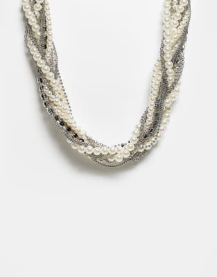 Reclaimed Vintage Unisex Ultimate Layered Necklace With Chains And Faux Pearls In Silver