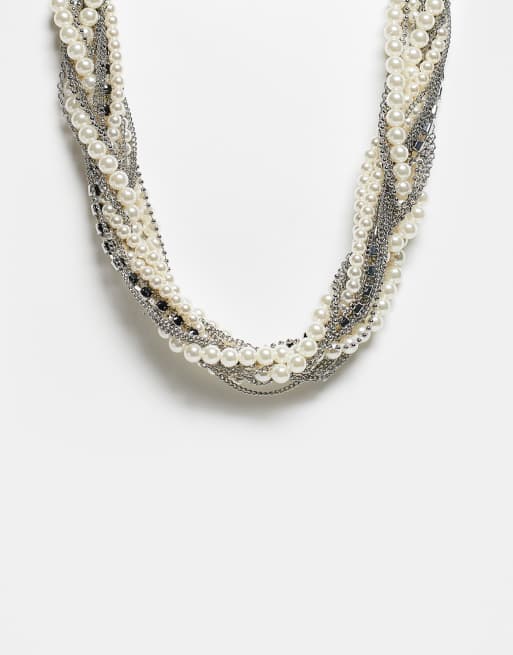 Reclaimed Vintage Unisex ultimate layered necklace with chains and faux pearls in silver tone