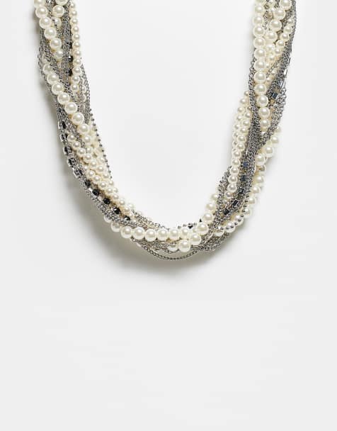 Reclaimed Vintage unisex ultimate layered necklace with chains and pearls in silver - view 1