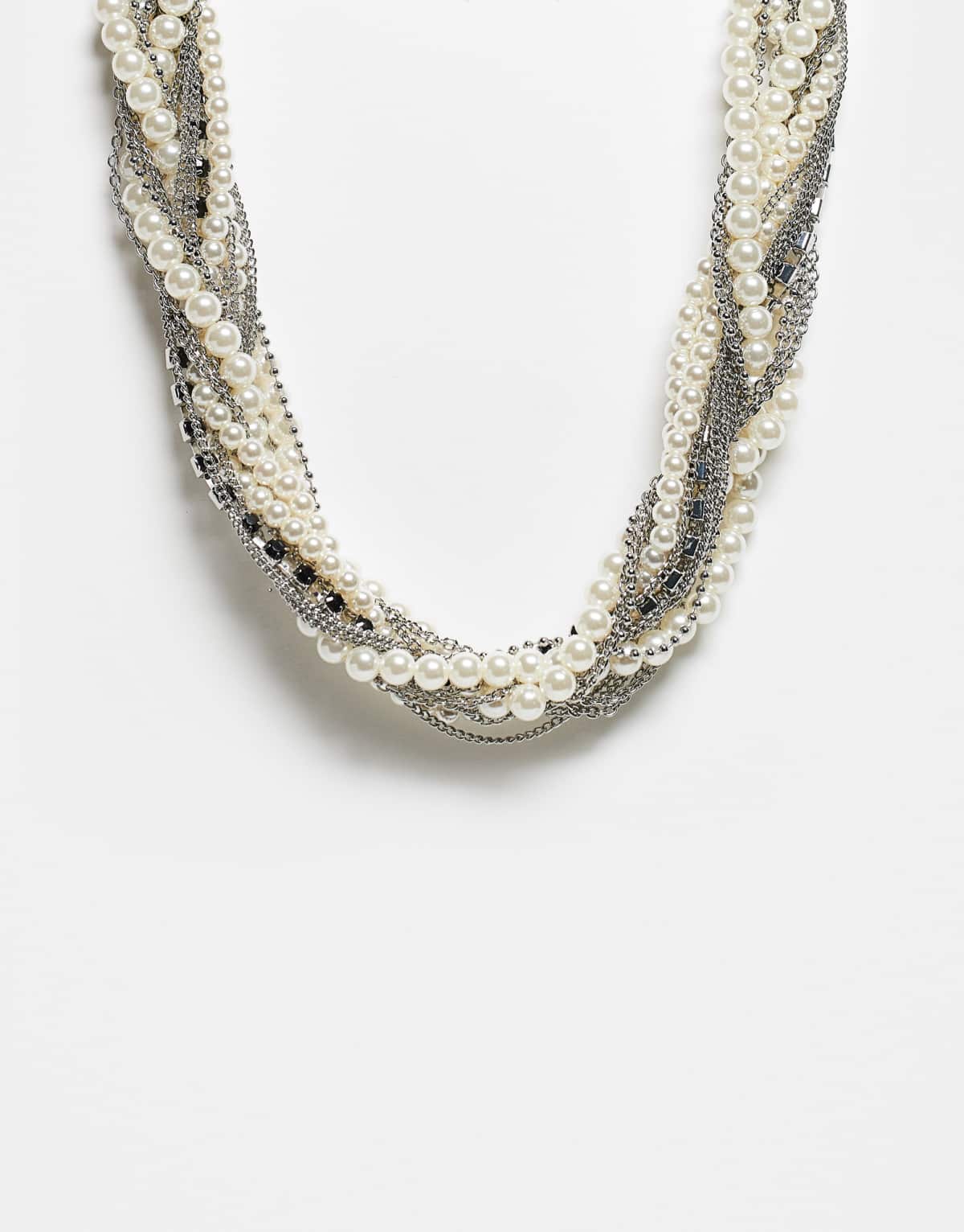 Reclaimed Vintage unisex ultimate layered necklace with chains and pearls in silver