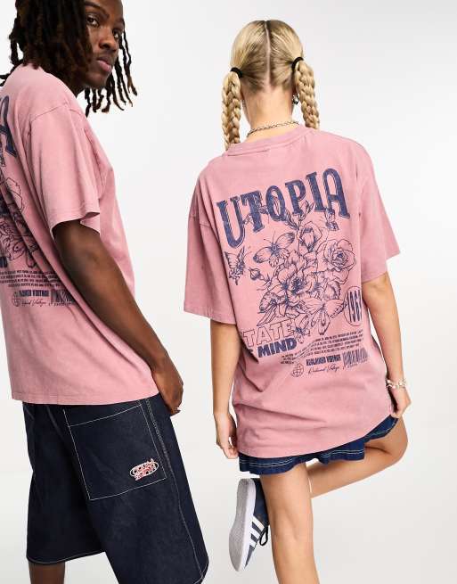 Reclaimed Vintage unisex utopia back graphic t-shirt in pink