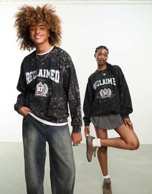 Reclaimed Vintage Unisex Varsity Graphic Sweatshirt In Acid Wash-black