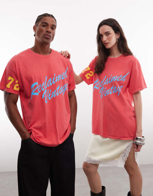 Reclaimed Vintage unisex varsity slogan t-shirt in red, 2 of 4