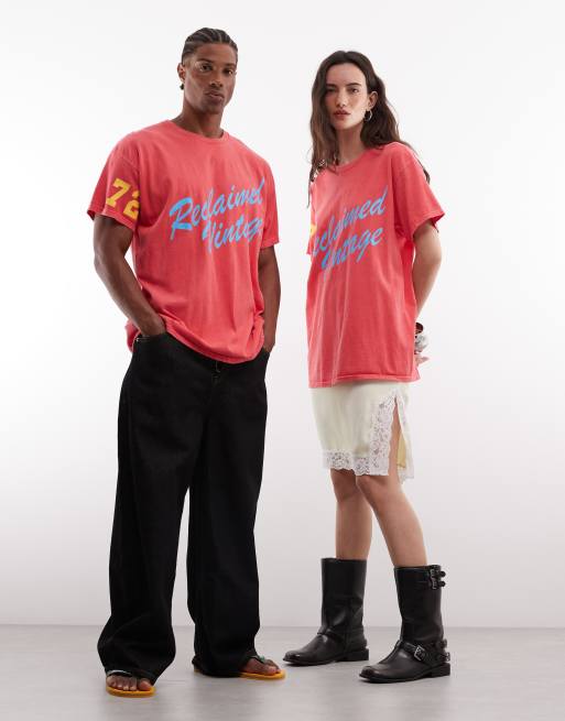 Reclaimed Vintage unisex varsity slogan t-shirt in red, 3 of 4