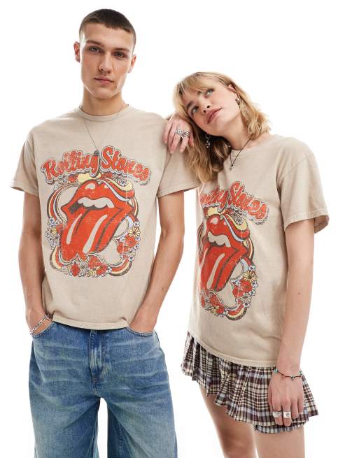 Reclaimed Vintage - Unisex - Vasket beige T-shirt med licenseret Rolling Stone-print