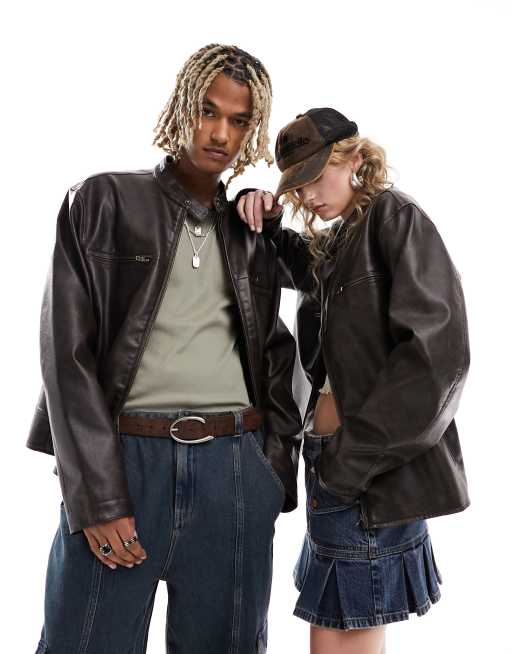 Reclaimed Vintage - Unisex - Vasket brun biker-jakke i læderlook