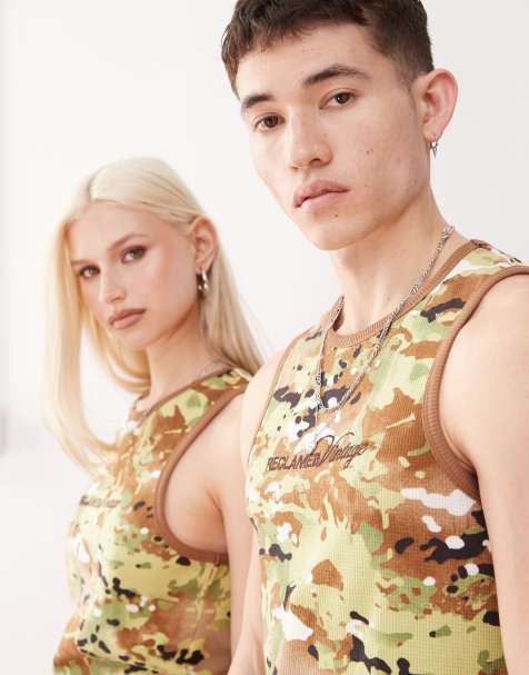 Reclaimed Vintage unisex waffle festival vest co-ord with logo embroidery in camo print 