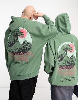 Reclaimed Vintage unisex wave print hoodie in green