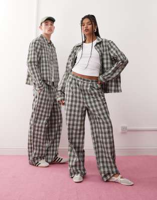 unisex wide leg pants in green plaid - part of a set-Multi