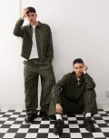 [Reclaimed Vintage] Reclaimed Vintage unisex wide leg pants with white stripe in green check-Multi S check