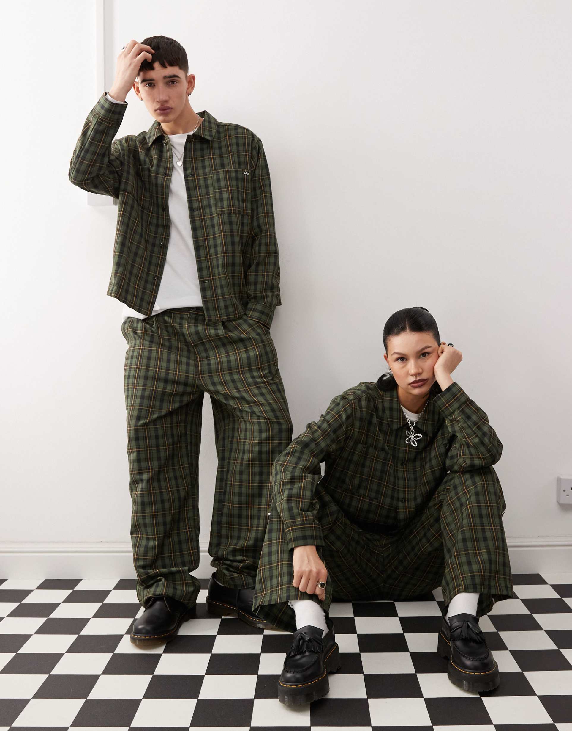 reclaimed vintage unisex wide leg pants with white stripe in green plaid