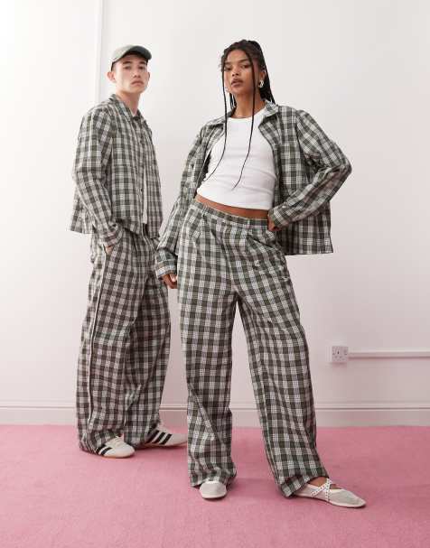 Reclaimed Vintage unisex wide leg trouser co-ord in green check - view 1
