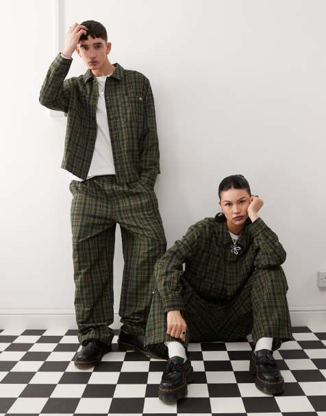 Reclaimed Vintage unisex wide leg trouser with white stripe in green check