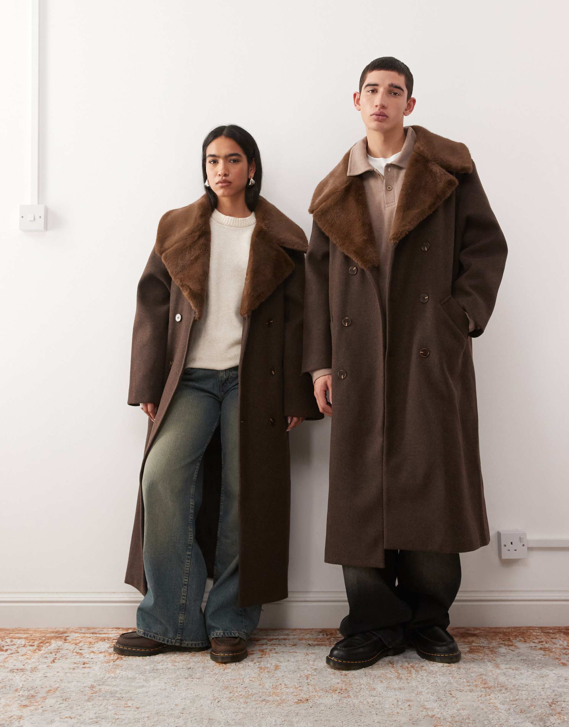 reclaimed vintage unisex wool look formal longline coat with faux fur collar in chocolate