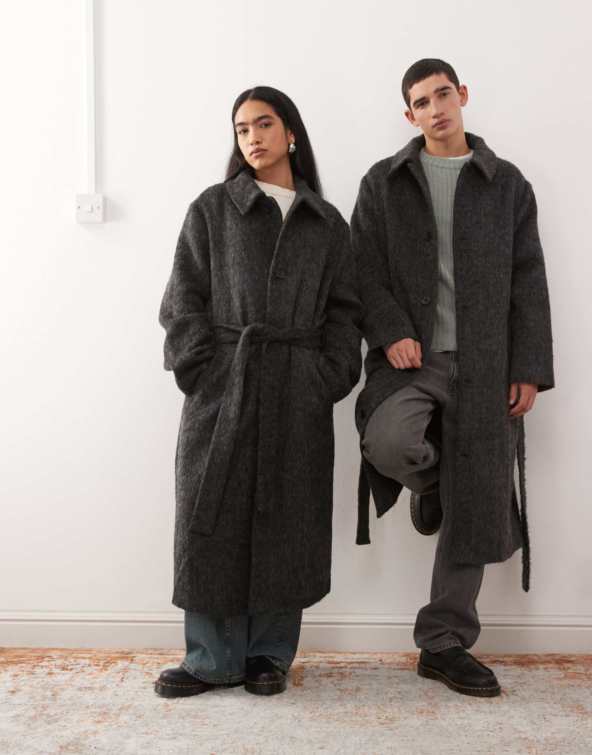 reclaimed vintage unisex wool look single breasted belted coat in charcoal gray