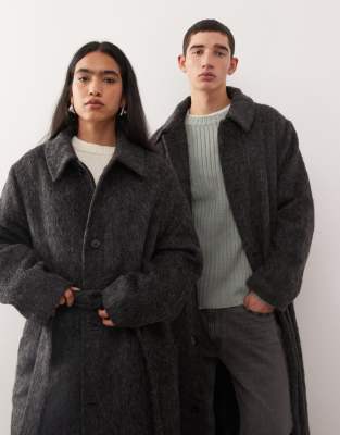 Reclaimed Vintage Unisex Wool Look Single Breasted Belted Coat In Gray