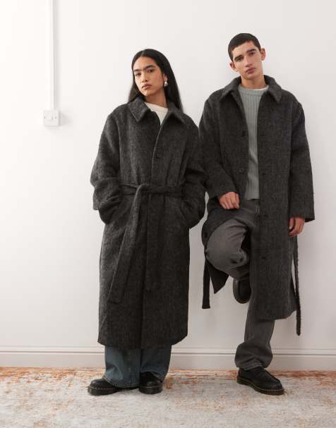 Reclaimed Vintage unisex wool look single breasted belted coat in charcoal grey - view 1