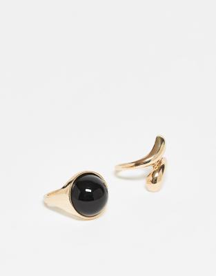 Reclaimed Vintage Reclaimed Vintage unisex wrap around ring 2 pack with faux black stone in gold