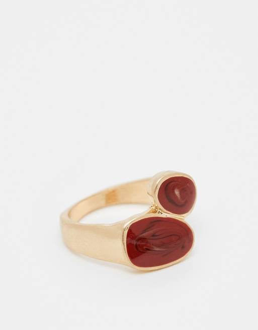 Reclaimed Vintage unisex wraparound ring with red jasper stone in burnished gold tone