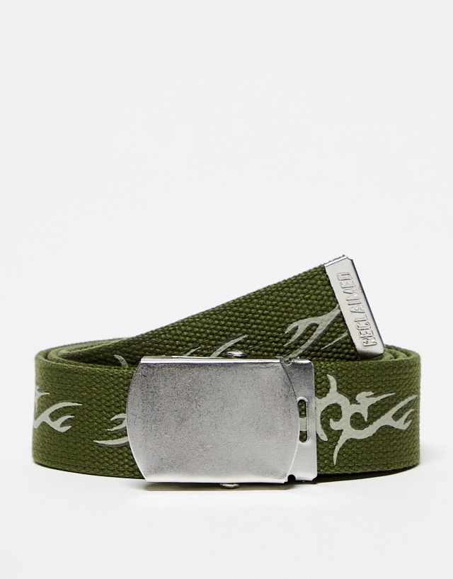 Reclaimed Vintage unisex Y2K webbed flame belt in khaki