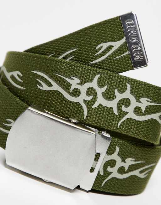 Reclaimed Vintage unisex Y2K webbed flame belt in khaki | ASOS