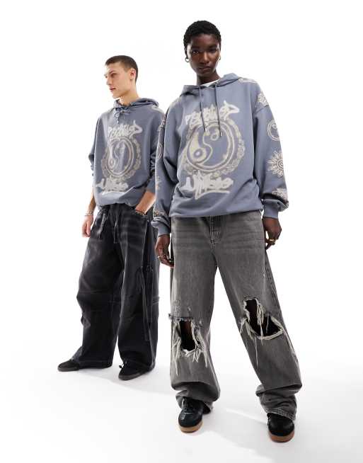 Reclaimed Vintage unisex yin yang graphic hoodie in washed black