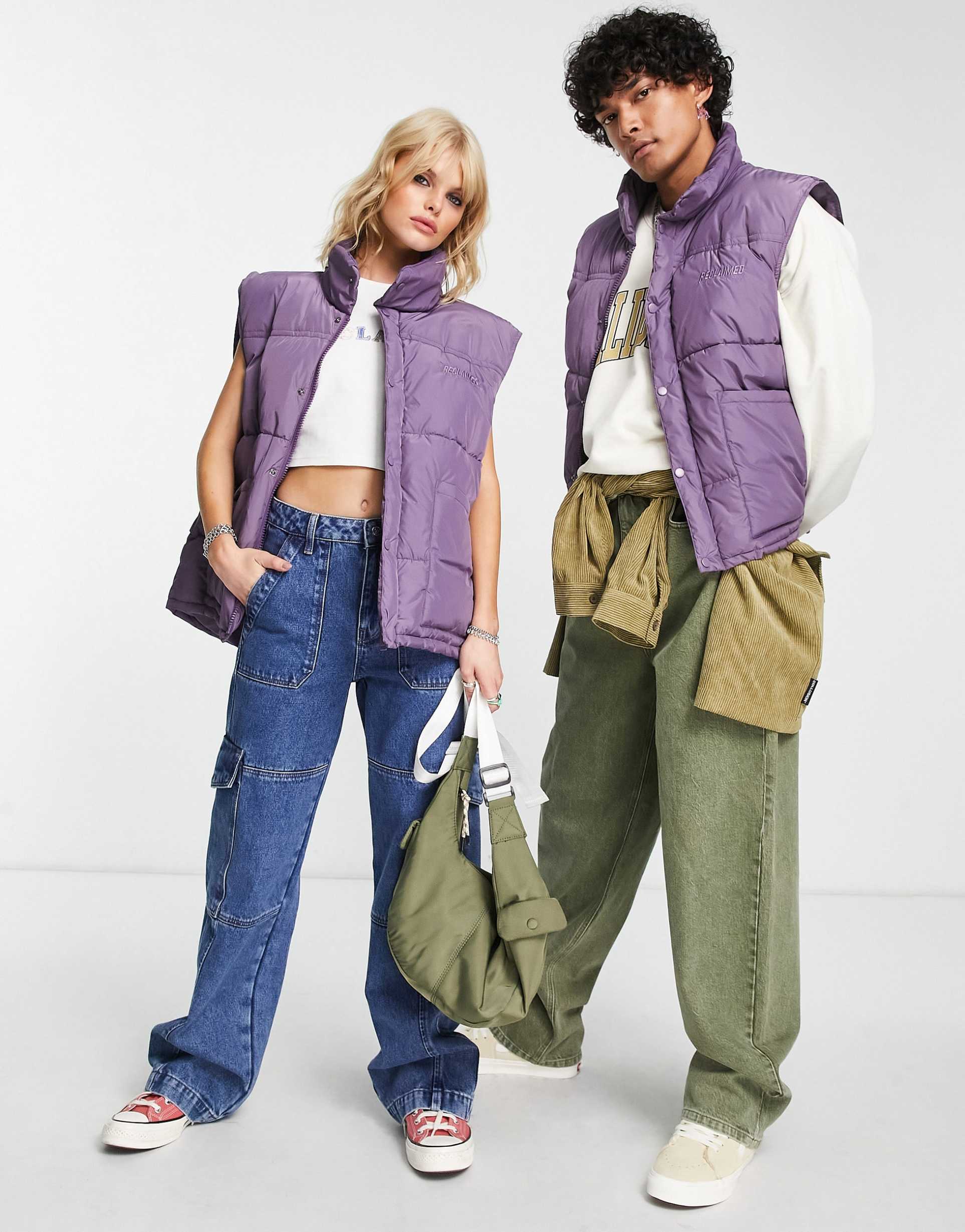 Reclaimed Vintage unisex yoke detail puffer gilet in purple view 2