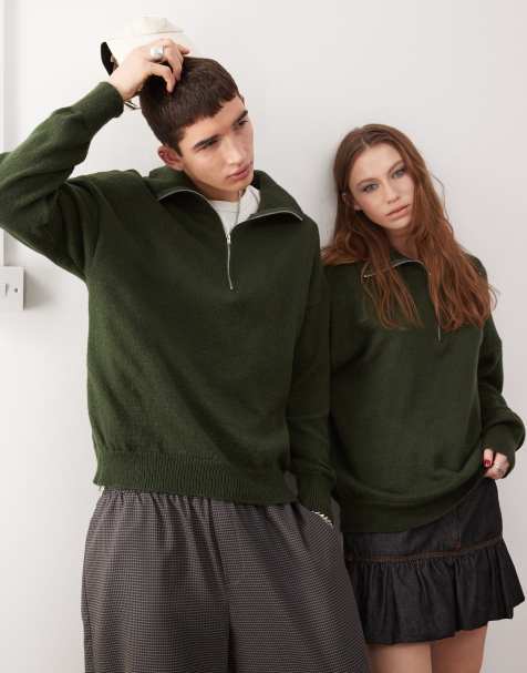 Reclaimed Vintage Unisex – Zielony sweter z suwakiem pod szyją - view 1