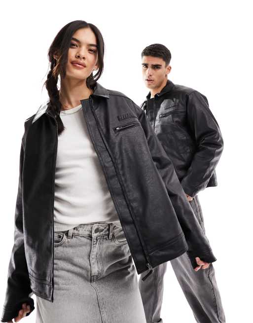 Reclaimed Vintage unisex zip front washed leather look biker jacket in black ASOS