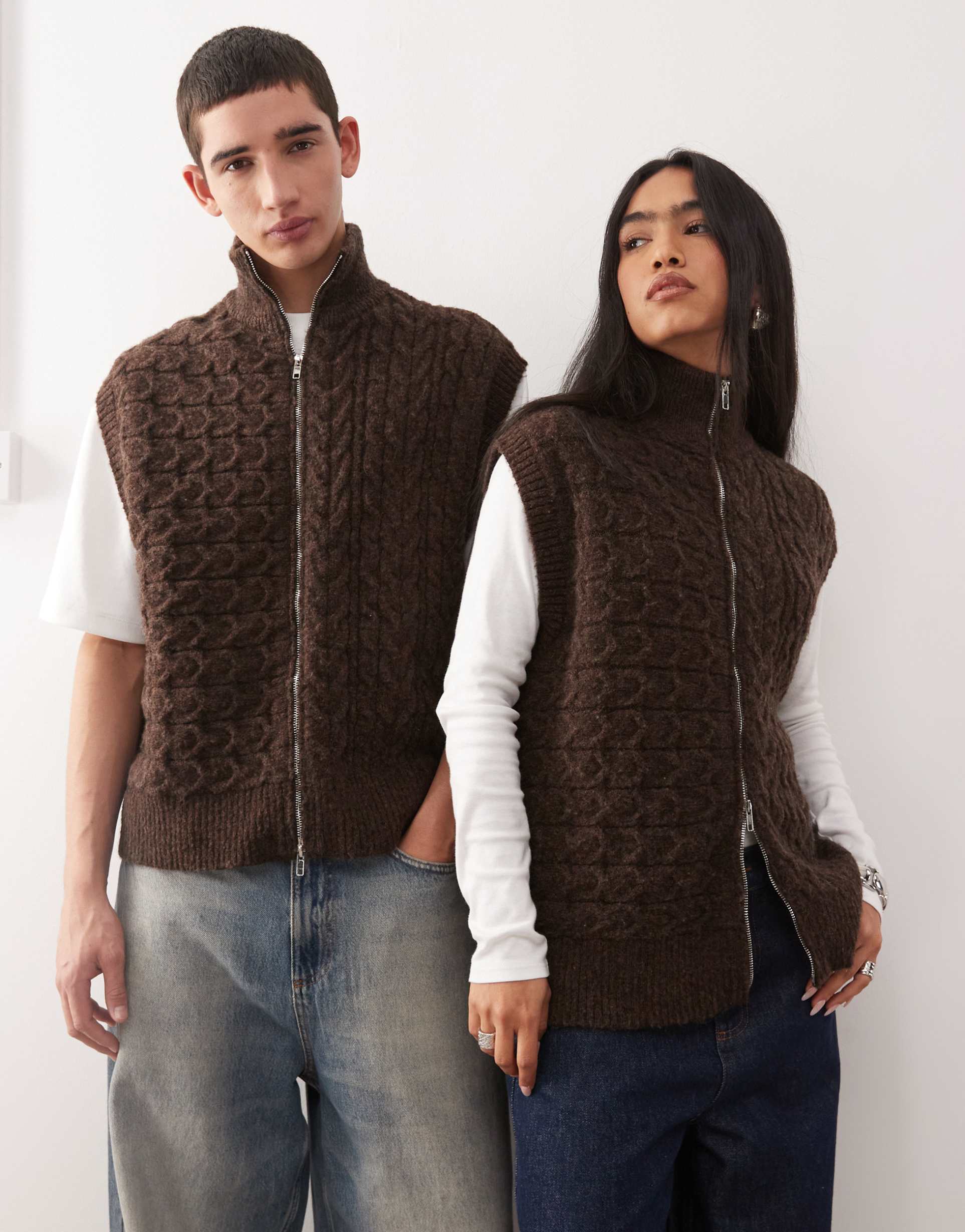 reclaimed vintage unisex zip up cable knit tank in brown