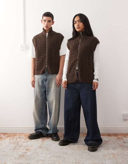 Reclaimed Vintage unisex zip up cable knit tank in brown