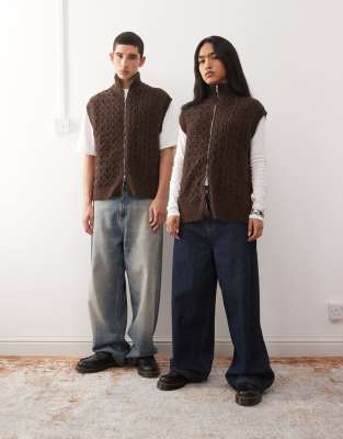 Reclaimed Vintage Unisex Zip Up Cable Knit Tank In Brown