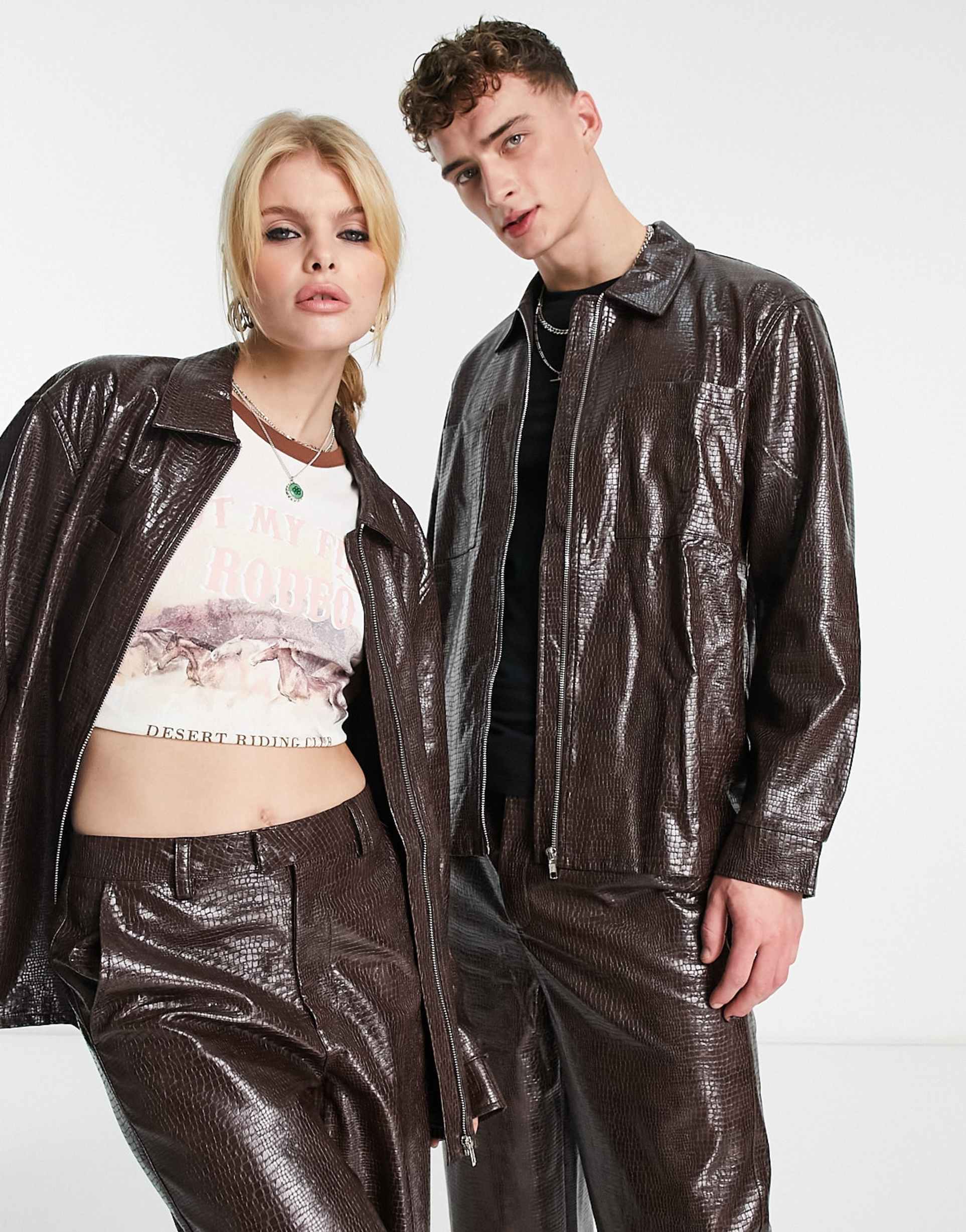 Reclaimed Vintage unisex zip up oversized vinyl jacket co-ord in brown croc view 2